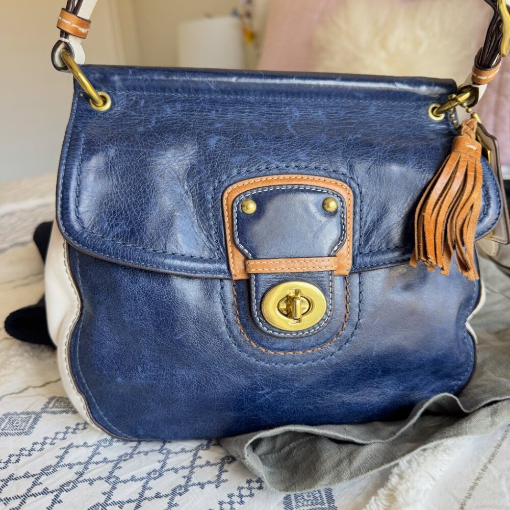 Coach Legacy Satchel Navy Cream Leather Bag Vintage Brass Turnlock Crossbody - Picture 5 of 14